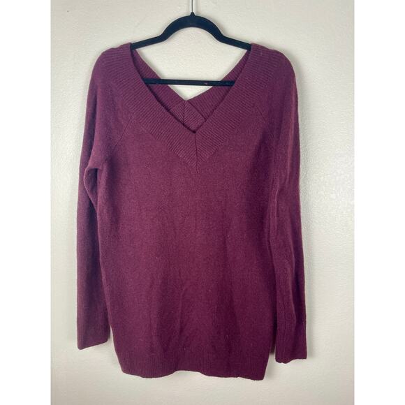LOFT Maroon Burgundy Dark Red Double V-neck merino blend women's sweater size M - Picture 1 of 8